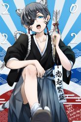 Rule 34 | 1boy, 2022, androgynous, animal ears, arrow (projectile), black hakama, blue background, blue eyes, blurry, blurry foreground, chinese zodiac, ciel phantomhive, collarbone, commentary, eyepatch, foot out of frame, geta, grey hair, grey skirt, hair between eyes, hakama, hakama skirt, happy new year, highres, holding, holding arrow, japanese clothes, kuroshitsuji, leg up, looking at viewer, lower teeth only, new year, open mouth, red background, short hair, skirt, socks, solo, striped, striped background, striped tail, tabi, tail, teeth, tiger ears, tiger tail, upper teeth only, white socks, year of the tiger, yu ki koo