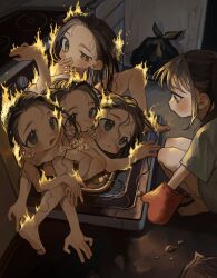 Rule 34 | 5girls, artist name, barefoot, brown eyes, brown hair, burning, commentary, completely nude, covering own mouth, fire, grey shirt, half-closed eye, hand to own mouth, highres, indoors, ishida umi, long hair, looking at another, looking at viewer, lying, multiple girls, nude, open mouth, original, oven, oven mitts, oversized clothes, oversized shirt, shirt, squatting, trash bag, watermark