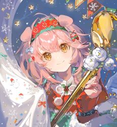 Rule 34 | 1girl, animal ears, arknights, bow, candy, candy cane, cat ears, christmas, collar, commentary, english commentary, flower, food, goldenglow (arknights), goldenglow (maiden for the bright night) (arknights), green hairband, green sweater, hair between eyes, hair bow, hairband, highres, infection monitor (arknights), looking at viewer, mistletoe, pink hair, red sweater, shirt, smile, solo, sweater, vihua6, white flower, white shirt, yellow eyes