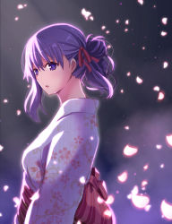 Rule 34 | 1girl, :o, alternate costume, alternate hairstyle, arms at sides, breasts, commentary request, fate/stay night, fate (series), floral print, gradient background, hair between eyes, hair bun, hair ribbon, hair up, head tilt, japanese clothes, kimono, long sleeves, looking at viewer, matou sakura, medium breasts, name connection, obi, object namesake, petals, purple eyes, purple hair, red ribbon, ribbon, sash, sidelighting, single hair bun, solo, upper body, walkure, yukata