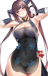 Rule 34 | 1girl, absurdres, armpits, bare shoulders, black dress, blue eyes, blunt bangs, blush, breasts, china dress, chinese clothes, cleavage, covered navel, detached sleeves, dress, fate/grand order, fate (series), hair ornament, highres, large breasts, leaf hair ornament, long hair, looking at viewer, marushin (denwa0214), parted lips, purple hair, sidelocks, simple background, solo, twintails, very long hair, white background, yang guifei (fate), yang guifei (second ascension) (fate)