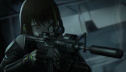 Rule 34 | 1girl, absurdres, aiming, assault rifle, blurry, blurry background, blurry foreground, brown eyes, brown hair, commentary request, depth of field, girls&#039; frontline, gloves, gun, highres, m4 carbine, m4a1 (girls&#039; frontline), m4a1 (mod3) (girls&#039; frontline), mod3 (girls&#039; frontline), rifle, solo, suppressor, tararelux, weapon