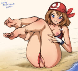 Rule 34 | 1girl, artist name, bandana, barefoot, beach, blue eyes, breasts, brown hair, clothing aside, creatures (company), dated, feet, fingerless gloves, game freak, gloves, legs together, legs up, may (pokemon), mina cream, nintendo, nipples, panties, panties aside, parted lips, plantar flexion, pokemon, pussy, red panties, sketch, smile, solo, thighs, toes, uncensored, underwear, water