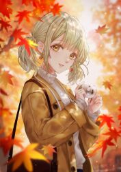 Rule 34 | 1girl, autumn, autumn leaves, avrcsl, azusawa kohane, bag, blonde hair, blue pants, blunt bangs, brown bag, brown coat, camera, coat, commentary request, dappled sunlight, earrings, falling leaves, grey sweater, handbag, holding, holding camera, jewelry, lanyard, leaf, leaf print, looking at viewer, maple leaf, maple leaf print, pants, project sekai, sidelocks, solo, sunlight, sweater, twintails, yellow eyes