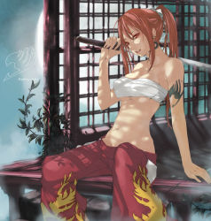 Rule 34 | 1girl, arms up, bare shoulders, bow, breasts, earrings, erza scarlet, fairy tail, hair bow, hakama, hakama skirt, highres, japanese clothes, jewelry, long hair, navel, nyami, ponytail, red eyes, red hair, red hakama, sarashi, sitting, skirt, solo, sword, tattoo, underboob, weapon