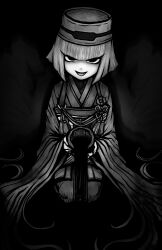 Rule 34 | 1girl, absurdres, chajinbou, cup, fate/grand order, fate (series), ghost hands, greyscale, hat, highres, holding, holding cup, japanese clothes, kimono, liquid, looking at viewer, monochrome, nazo no diaboro, open mouth, pouring, seiza, sen no rikyu (fate), sen no rikyu (first ascension) (fate), short hair, sitting, smile, solo