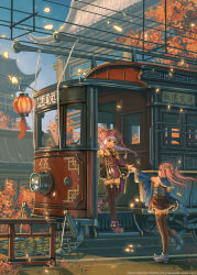 Rule 34 | 2girls, :d, architecture, bespin, blurry, depth of field, detached sleeves, east asian architecture, hair ornament, hat, holding hands, lampion, long hair, multiple girls, open mouth, original, pink hair, purple hair, reaching, reaching towards viewer, smile, streetcar, thighhighs, translation request, twintails, watermark, wind, zettai ryouiki