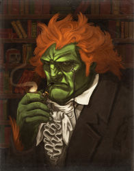 Rule 34 | 1boy, arm hair, ascot, bandana, black eyes, black jacket, blanka, book, bookshelf, capcom, center frills, claws, colored skin, formal, frills, green skin, jacket, library, long sleeves, looking at viewer, male focus, manly, messy hair, mike mitchell, monocle, monocle chain, orange hair, scar, scowl, shirt, sideburns, skull, smoke, smoking, smoking pipe, solo, street fighter, upper body, white shirt