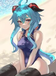 Rule 34 | 1girl, ahoge, alternate costume, bare arms, bare shoulders, beach, between legs, black thighhighs, blue hair, blush, breasts, closed mouth, collarbone, ganyu (genshin impact), genshin impact, goat horns, hand between legs, horns, large breasts, long hair, looking at viewer, nahu, orange eyes, outdoors, sidelocks, smile, solo, thighhighs, thighs, water