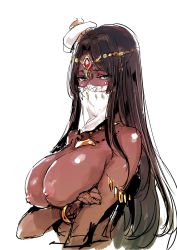 Rule 34 | 1girl, black hair, blush, bracelet, breasts, caster of the nocturnal castle, commentary request, dark-skinned female, dark skin, fate/grand order, fate (series), green eyes, highres, jewelry, long hair, looking at viewer, mouth veil, necklace, osakana (denpa yun&#039;yun), scheherazade (fate), simple background, solo, upper body, veil, white background