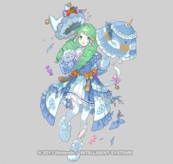 Rule 34 | animal ears, animal hands, blue dress, bow, cat ears, cat paws, cat tail, dress, drill hair, fake animal ears, fake tail, fire emblem, fire emblem heroes, flayn (fire emblem), green eyes, green hair, hair ornament, hairclip, halloween, halloween costume, jack-o&#039;-lantern, nintendo, official alternate costume, open mouth, pants, pink bow, striped clothes, striped pants, tail, tobi (kotetsu), torn clothes, turtleneck, umbrella, vertical-striped clothes, vertical-striped pants
