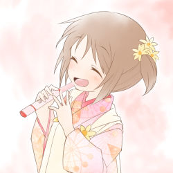 Rule 34 | 1girl, :d, blush, brown hair, closed eyes, commentary request, dairi, flower, hair flower, hair ornament, holding, japanese clothes, kimono, long sleeves, open mouth, original, pink kimono, print kimono, short hair, side ponytail, smile, solo, upper body, wide sleeves, yellow flower