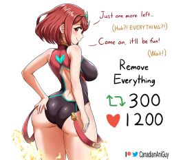 Rule 34 | ass, back cutout, canadiananiguy, circlet, clothing cutout, competition swimsuit, fire, from behind, hand on own ass, looking at viewer, looking back, meme, one-piece swimsuit, pyra (pro swimmer) (xenoblade), pyra (xenoblade), red eyes, red hair, short hair, smile, solo, swimsuit, twitter strip game (meme), twitter username, xenoblade chronicles (series), xenoblade chronicles 2