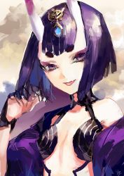 Rule 34 | 1girl, artist name, bad id, bad twitter id, bare shoulders, breasts, demon girl, eyebrows, eyeshadow, fang, fate/grand order, fate (series), hair ornament, hg0524, hg (pixiv16108795), horns, jewelry, makeup, midriff, oni, purple eyes, purple hair, short eyebrows, short hair, shuten douji (fate), skin-covered horns, small breasts, solo, thick eyebrows, tongue, tongue out