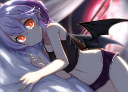 Rule 34 | 1girl, akisome hatsuka, bare arms, bat wings, bed sheet, camisole, closed mouth, dolphin shorts, full moon, hair between eyes, indoors, light purple hair, looking at viewer, lying, micro shorts, moon, on side, pointy ears, red eyes, red moon, remilia scarlet, shorts, smile, solo, touhou, wings