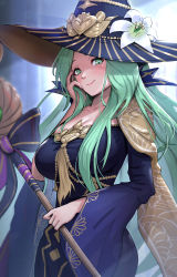 Rule 34 | 1girl, blue hat, blue sleeves, breasts, cleavage, closed mouth, female focus, fire emblem, fire emblem: three houses, fire emblem heroes, flower, flower hat, gonzarez, green eyes, green hair, halloween, halloween costume, hat, hat flower, highres, holding, holding staff, large breasts, lily (flower), long hair, long sleeves, looking at viewer, matching hair/eyes, nintendo, official alternate costume, rhea (fire emblem), smile, solo, staff, white flower, wide sleeves, witch, witch hat