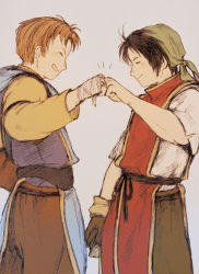 Rule 34 | 2boys, bandana, black hair, brown hair, commentary request, gensou suikoden, gensou suikoden i, gloves, happy, looking at another, maeka (kumaekake), male focus, multiple boys, open mouth, pants, robe, smile, tabard, ted (suikoden), tir mcdohl