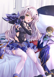 Rule 34 | 1girl, armor, bed, character doll, collarbone, dressing, elbow gloves, melusine (fate), fate/grand order, fate (series), frills, fujimaru ritsuka (male), gauntlets, gloves, groin, highres, long hair, miying (13975192760), open mouth, pillow, sitting, skirt, solo, thighhighs, yellow eyes, zettai ryouiki