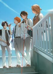 Rule 34 | 4boys, absurdres, ahoge, backpack, bag, belt, blonde hair, blue sky, brown footwear, brown hair, clenched teeth, closed eyes, commentary request, from below, headphones, headphones around neck, highres, holding, holding phone, holding wallet, looking at another, looking at viewer, macaronk, multiple boys, necktie, open clothes, open mouth, open shirt, orange hair, original, pants, phone, railing, school bag, school uniform, shirt, shirt tucked in, short hair, sky, stairs, standing, string, string of fate, teeth, untucked shirt, vest, wallet, white shirt