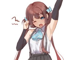 Rule 34 | 1girl, alternate sleeve length, arm up, arm warmers, armpits, asagumo (kancolle), ascot, blue ascot, brown hair, grey eyes, grey skirt, hair ribbon, kantai collection, long hair, looking at viewer, nuno (pppompon), one eye closed, pleated skirt, ribbon, shirt, simple background, skirt, sleeveless, sleeveless shirt, solo, suspender skirt, suspenders, twintails, upper body, white background, white shirt, yawning