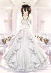 Rule 34 | 1girl, absurdres, ahoge, blue eyes, bride, brown hair, church, commentary request, dress, elbow gloves, feathers, full body, gloves, hair between eyes, hair flaps, hair up, hand up, highres, indoors, jewelry, kantai collection, light particles, long hair, ring, shigure (kancolle), shigure kai ni (kancolle), sidelocks, smile, solo, strapless, strapless dress, tiara, uzuki tsukuyo, wedding band, wedding dress, white dress, white gloves