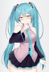 Rule 34 | 1girl, aqua eyes, aqua hair, aqua nails, bare shoulders, between breasts, blush, breasts, detached sleeves, finger to mouth, hair between eyes, hatsune miku, highres, long hair, looking at viewer, medium breasts, microphone, nail polish, necktie, shushing, simple background, skirt, sleeveless, smile, solo, standing, twintails, very long hair, vocaloid, wap (whiteandpink)