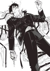 Rule 34 | 1boy, blood, blood on face, cigarette, collared shirt, cowboy shot, cross, cross necklace, greyscale, hand wraps, highres, holding, holding jewelry, holding necklace, injury, jacket, jewelry, long sleeves, male focus, monochrome, necklace, nicholas d. wolfwood, pants, sakanaokashi, shirt, short hair, simple background, smoke, smoking, solo, standing, trigun, trigun stampede