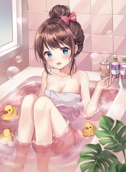 Rule 34 | 1girl, :d, aqua eyes, bath, bathing, bathtub, blush, bow, breasts, brown hair, cleavage, collarbone, commentary request, hair bow, hair bun, hair ornament, hairclip, hand up, happy, highres, indoors, knees up, looking at viewer, mayo (miyusa), monstera deliciosa, naked towel, open mouth, original, partially submerged, plant, rubber duck, sidelocks, single hair bun, sitting, small breasts, smile, soap bottle, soap bubbles, solo, tile wall, tiles, towel, water, wet, wet hair, window