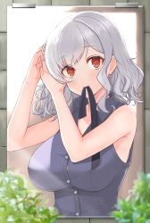 Rule 34 | 1girl, adjusting hair, bare shoulders, black ribbon, blurry, breasts, buttons, cleavage, collared shirt, commentary request, depth of field, girls&#039; frontline, grey shirt, highres, impossible clothes, large breasts, looking at viewer, mirror, mouth hold, plant, red eyes, reflection, ribbon, shirt, silver hair, sleeveless, sleeveless shirt, solo, spas-12 (girls&#039; frontline), swept bangs, upper body, wavy hair, yu 416416