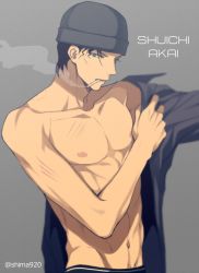 Rule 34 | 1boy, abs, aftersex, akai shuuichi, bare pectorals, beanie, black hat, black male underwear, black shirt, blouse, character name, cigarette, dressing, grey background, hat, male focus, male underwear, manly, meitantei conan, muscular, nipples, pectorals, scar, shirt, simple background, smoke, solo, tagme, topless male, underwear, yaoi