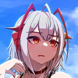 Rule 34 | 1girl, antenna hair, arknights, armpits, beach, blue sky, blush, check commentary, choker, close-up, cloud, cloudy sky, commentary, commentary request, demon girl, demon horns, highres, horns, hot, looking to the side, nail polish, parted lips, red choker, red nails, short hair, short shorts, shorts, sky, slit pupils, solo, sweat, symbol-shaped pupils, turning head, umekata mitsu, w (arknights), white hair