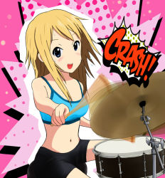 Rule 34 | 1girl, aoim4371, blonde hair, blue eyes, blush, camisole, casual, drum, drum set, instrument, k-on!, long hair, navel, sound effects, open mouth, p@sta, round teeth, saitou sumire, short shorts, shorts, sitting, smile, solo, sports bra, sweat, teeth