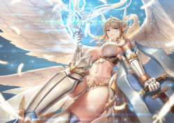 Rule 34 | 1girl, angel, angel wings, aselica (king&#039;s raid), blonde hair, blue eyes, blue sky, breasts, cuboon, day, dress, feathers, floating hair, flying, highres, holding, holding shield, holding sword, holding weapon, king&#039;s raid, large breasts, leg up, light particles, long hair, looking at viewer, navel, outdoors, pointy ears, shield, sidelocks, sky, stomach, strapless, sword, thighhighs, weapon, wings