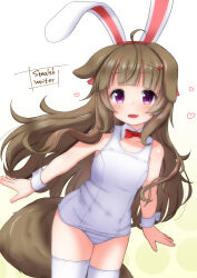 Rule 34 | 1girl, ahoge, animal ears, artist name, blunt bangs, blush, bow, bowtie, brown hair, commission, detached collar, dog ears, dog girl, dog tail, fake animal ears, fang, hair ornament, hairclip, heart, highres, long hair, looking at viewer, old school swimsuit, one-piece swimsuit, open mouth, original, playboy bunny swimsuit, purple eyes, rabbit ears, school swimsuit, skeb commission, smile, solo, stealthwriter, swimsuit, tail, thighhighs, thighs, white one-piece swimsuit, white thighhighs, wrist cuffs
