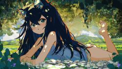 Rule 34 | 1girl, absurdres, animal ear fluff, animal ears, bare arms, bare shoulders, black hair, blush, cat ears, commentary, dappled sunlight, english commentary, flower, green eyes, hair between eyes, highres, kgt (pixiv12957613), light, long hair, lying, nature, on stomach, open mouth, original, panties, plant, shirt, sleeveless, sleeveless shirt, solo, sunlight, underwear, very long hair, white shirt
