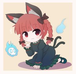 Rule 34 | 1girl, :3, animal ear fluff, animal ears, arm support, black bow, blue fire, blunt bangs, border, bow, braid, cat ears, cat tail, chibi, dress, extra ears, fire, flaming skull, floating skull, frills, full body, grey dress, hair bow, hair ribbon, hitodama, juliet sleeves, kaenbyou rin, light blush, long hair, long sleeves, looking at viewer, multiple tails, nekomata, outside border, petticoat, pink background, puffy sleeves, red eyes, red hair, rei (tonbo0430), ribbon, simple background, sitting, solo, tail, touhou, tress ribbon, twin braids, twintails, two tails, wariza, white border
