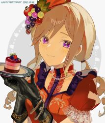 Rule 34 | 1girl, bawa (thankyousushi), black gloves, blackberry (fruit), blush, bow, breasts, brown hair, cake, cherry, closed mouth, dated, dot nose, drill hair, food, frilled shirt, frills, fruit, fruit hair ornament, gloves, grapes, hair bow, happy birthday, holding, holding plate, idoly pride, lace, lace-trimmed shirt, lace trim, large breasts, looking at viewer, low twintails, mole, mole under eye, multiple bracelets, own hands together, parted bangs, plate, puffy short sleeves, puffy sleeves, purple eyes, red bow, red shirt, shiraishi saki, shirt, short sleeves, sidelocks, simple background, smile, solo, twin drills, twintails, upper body, white background