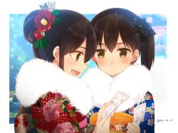 Rule 34 | 2girls, akagi (kancolle), alternate costume, alternate hairstyle, blush, closed mouth, commentary request, floral print, flower, fur trim, hair between eyes, hair flower, hair ornament, holding, japanese clothes, kaga (kancolle), kantai collection, kimono, koruri, long sleeves, looking at another, multiple girls, open mouth, short hair, smile