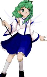 Rule 34 | 1girl, bare shoulders, black footwear, blue skirt, blush stickers, closed mouth, detached sleeves, frog hair ornament, gohei, green eyes, green hair, hair ornament, holding, holding gohei, japanese clothes, kneehighs, kochiya sanae, long hair, non-web source, nontraditional miko, official art, shoes, skirt, smile, snake hair ornament, socks, solo, touhou, transparent background, unfinished dream of all living ghost, white sleeves, white socks, wide sleeves, zun (artist)