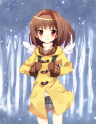 Rule 34 | 1girl, backpack, bad id, bad pixiv id, bag, brown hair, ech, female focus, forest, gloves, highres, jacket, kanon, nature, outdoors, plant, randoseru, red eyes, smile, snow, solo, tsukimiya ayu, winged bag, wings