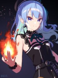 Rule 34 | 1girl, armpit crease, belt, beret, blue eyes, blue hair, earrings, fire, hat, highres, hololive, hoshimachi suisei, hoshimachi suisei (streetwear), jewelry, long hair, looking at viewer, nail polish, orange nails, sleeveless, smile, solo, star (symbol), star in eye, symbol in eye, upper body, virtual youtuber, you06