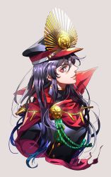 Rule 34 | 1girl, black hair, black jacket, blue hair, cape, commentary request, fate (series), from side, gradient hair, grey background, hat, highres, jacket, koha-ace, long hair, long sleeves, looking at viewer, multicolored hair, oda nobunaga (fate), oda nobunaga (koha-ace), parted lips, peaked cap, red cape, red eyes, sideways glance, simple background, solo, tenobe, turtleneck, upper body