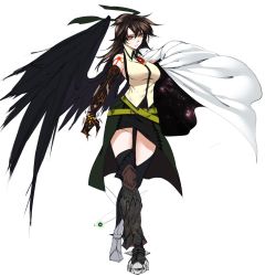 Rule 34 | 1girl, belt, black thighhighs, black wings, breasts, brooch, brown hair, cape, closed mouth, collared shirt, feathered wings, full body, green skirt, hair between eyes, highres, jewelry, large breasts, long hair, looking at viewer, red eyes, reiuji utsuho, shirt, shukusuri, simple background, single wing, skirt, sleeveless, sleeveless shirt, solo, standing, thighhighs, touhou, white background, white cape, wing collar, wings, yellow shirt