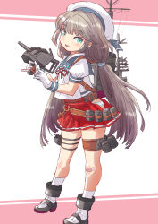 Rule 34 | 1girl, adapted turret, blue sailor collar, cannon, commentary request, fuji (pixiv24804665), full body, gloves, green eyes, grey hair, hat, highres, hip vent, kantai collection, long hair, looking at viewer, low twintails, machinery, mikura (kancolle), panties, pleated skirt, puffy short sleeves, puffy sleeves, red skirt, sailor collar, sailor hat, sailor shirt, shirt, short sleeves, skirt, solo, turret, twintails, underwear, white gloves, white legwear, white panties, white shirt