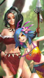Rule 34 | 2girls, bare shoulders, black hair, blonde hair, breasts, chromatic aberration, cleavage, crop top, dark-skinned female, dark skin, flower, forehead jewel, green eyes, hair flower, hair ornament, highres, hiragana oufu, large breasts, league of legends, midriff, multiple girls, navel, necklace, neeko (league of legends), nidalee, open mouth, polearm, ponytail, skirt, smile, spear, strap slip, strapless, tooth necklace, tube top, weapon, yellow eyes