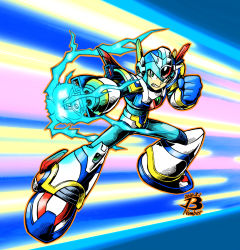 Rule 34 | 1boy, android, angry, armor, artist name, blue background, blue eyes, bodysuit, charging, clenched hand, closed mouth, full body, gloves, glowing, green eyes, highres, looking at viewer, male focus, mega buster, mega man (series), x (mega man), mega man x (series), pn13ban, standing, weapon, white background
