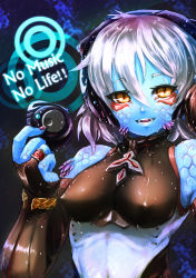 Rule 34 | 1girl, blue skin, bracelet, breasts, bridal gauntlets, colored skin, english text, covered erect nipples, fangs, headphones, highres, jewelry, mermaid, monster girl, original, scales, solo, sonjow4, white hair, yellow eyes
