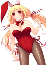 Rule 34 | 1girl, animal ears, blonde hair, blush, bow, bowtie, breasts, detached collar, fake animal ears, female focus, fishnet pantyhose, fishnets, long hair, looking at viewer, original, pantyhose, playboy bunny, rabbit ears, red eyes, smile, solo, standing, twintails, umitsubame, wrist cuffs