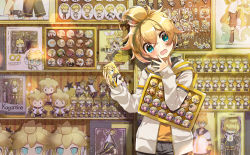 Rule 34 | 1boy, badge, blonde hair, blue eyes, blush, box, button badge, cellphone, character doll, chibi, commentary, doll, fang, hand on own cheek, hand on own face, head tilt, headphones, hekicha, highres, holding, holding phone, indoors, instrument, itabag, jacket, kagamine len, kagamine rin, keyboard (instrument), charm (object), looking at viewer, magnet, male focus, merchandise, nendoroid, open mouth, orange shirt, package, phone, poster (object), shelf, shirt, solid oval eyes, solo, star (symbol), stuffed toy, upper body, vocaloid