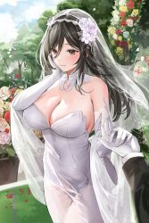 Rule 34 | 1girl, 1other, absurdres, bad id, bad twitter id, bare shoulders, black hair, blue sky, blush, breasts, bridal veil, brown eyes, cleavage, closed mouth, cloud, collar, commission, covered navel, day, detached collar, dress, elbow gloves, falling petals, flower, gloves, hair between eyes, hair flower, hair ornament, hand on own face, hand up, highres, holding hands, lace, lace-trimmed gloves, lace trim, large breasts, lillly, long hair, long sleeves, original, out of frame, outdoors, petals, red flower, red rose, rose, rose petals, see-through, shawl, sky, sleeveless, sleeveless dress, solo focus, strapless, strapless dress, tree, veil, wedding, wedding dress, white collar, white dress, white flower, white gloves, white headwear, white rose, white shawl, yellow flower, yellow rose